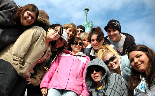 Liberty High students in front of the State of Liberty